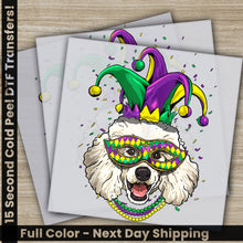 Load image into Gallery viewer, a card with a dog wearing a mardi gras mask
