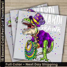 Load image into Gallery viewer, a dinosaur with a mardi gras hat holding a mardi gras bea
