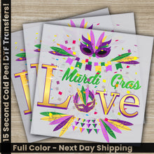 Load image into Gallery viewer, a pair of mardi gras love cards with mardi gras decorations