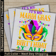 Load image into Gallery viewer, a pair of mardi gras birthday cards with a mardi gras mask