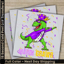 Load image into Gallery viewer, a card with a cartoon dinosaur wearing a purple hat