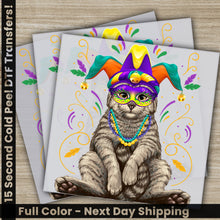 Load image into Gallery viewer, a card with a cat wearing a mardi gras mask
