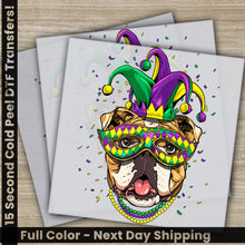 Load image into Gallery viewer, a card with a dog wearing a mardi gras mask