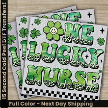 Load image into Gallery viewer, a pair of stickers that say no lucky nurse
