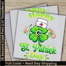 Load image into Gallery viewer, a st patrick&#39;s day greeting card with a shamrock holding a knife