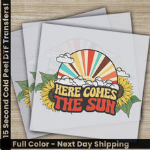 Load image into Gallery viewer, two greeting cards with the words here comes the sun on them
