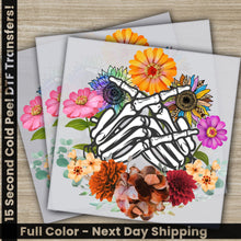 Load image into Gallery viewer, a pair of cards with a picture of a skeleton and flowers
