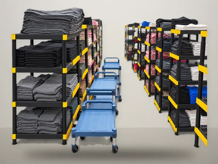 Shelves of folded blank t-shirts and sweatshirts in black, gray, pink and white