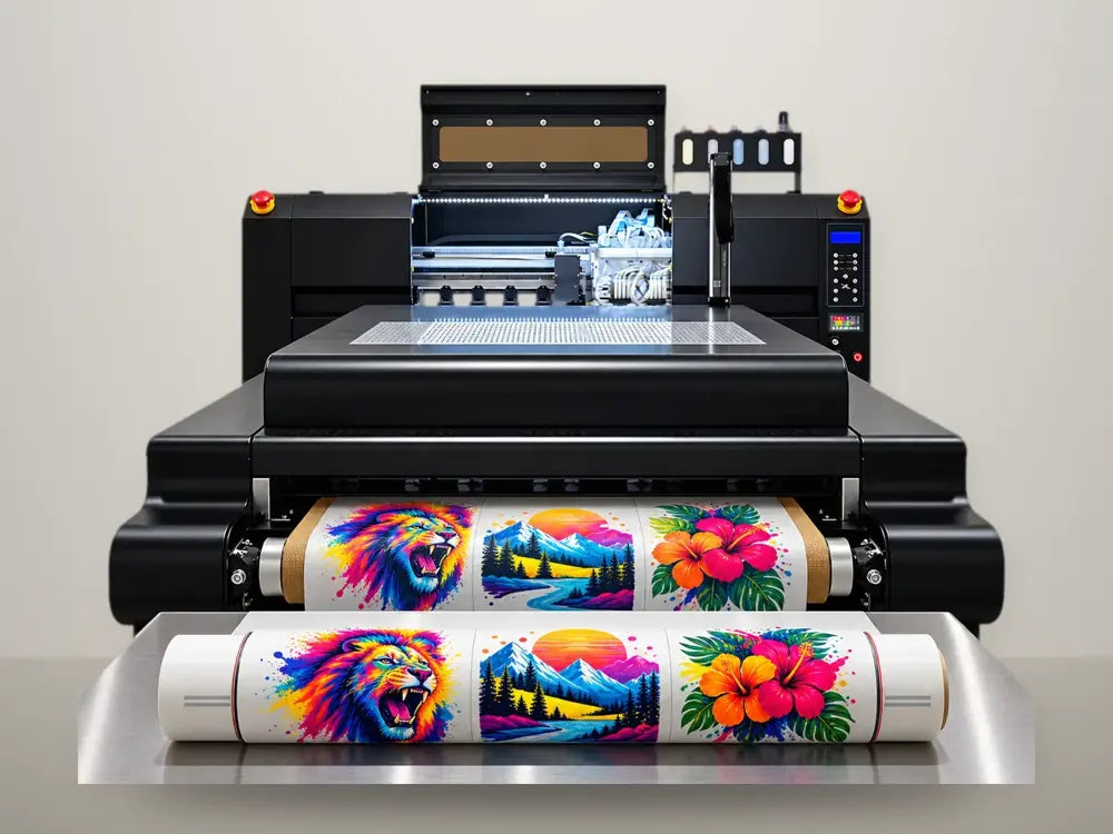 DTF printer printing a full-color gang sheet of lion, mountain and hibiscus designs onto 22-inch transfer film